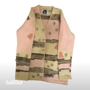 Storybook Knits Women's XS Cream Pink and Gray Embellished Cardigan Sweater